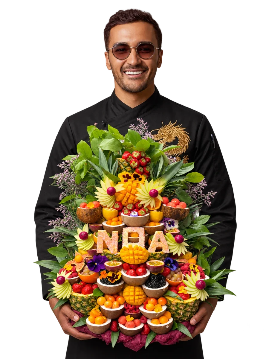 Atef Barbouche en veste noire brodée d'un dragon doré, tenant dans ses mains une grande corbeille de fruits sculptés.